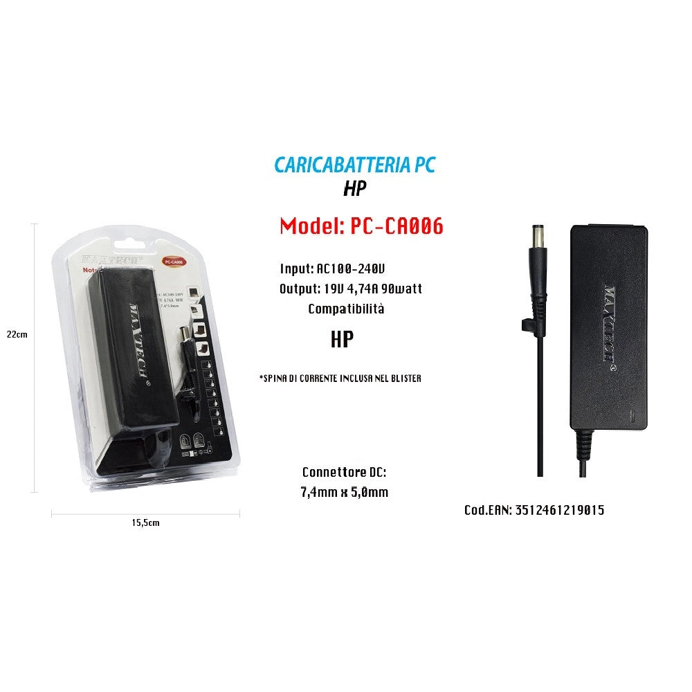 Trade Shop - Caricabatteria 19v 4,74a 90w Per Notebook Hp Pc Alimentatore Maxtech Pc-ca006 -