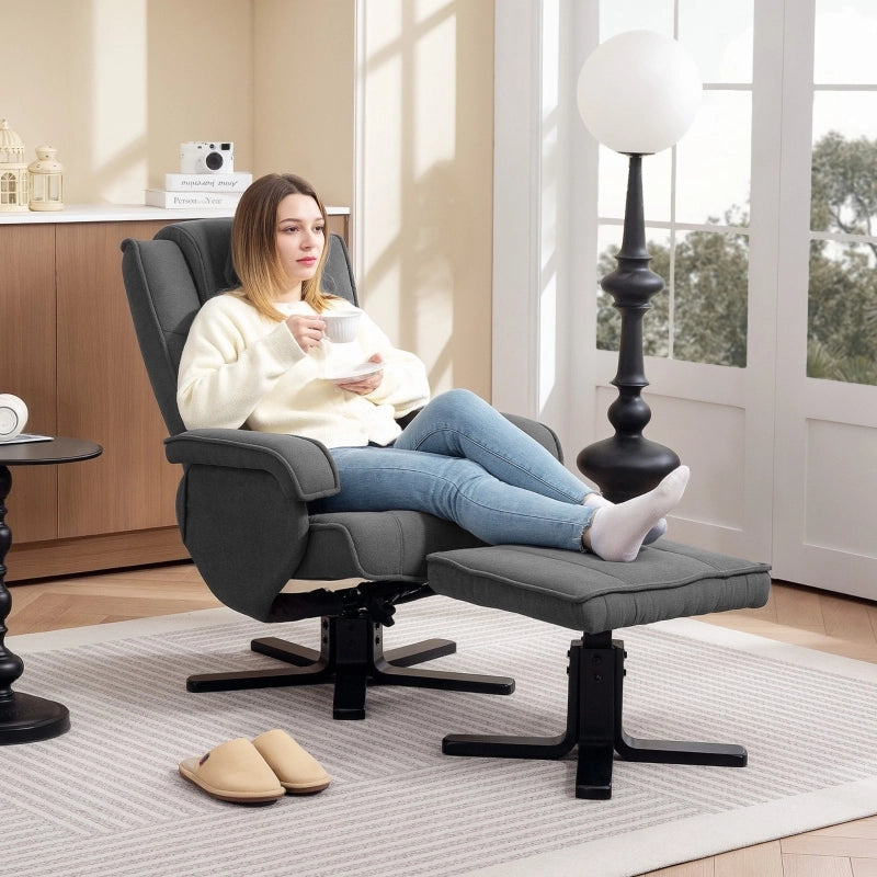 Poltrona relax con poggiapiedi girevole 360° e schienale reclinabile oscillante in poliestere grigio scuro