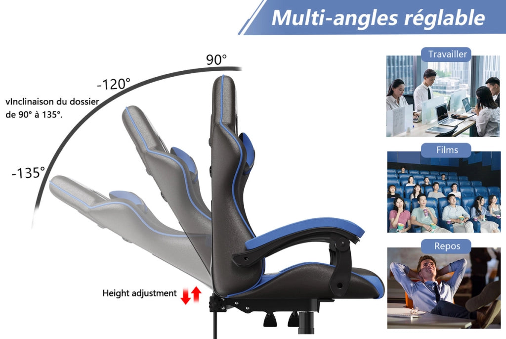 Sedia da gioco,  Sedia da gioco ergonomica, altezza regolabile, schienale reclinabile, braccioli e poggiatesta, nero e blu