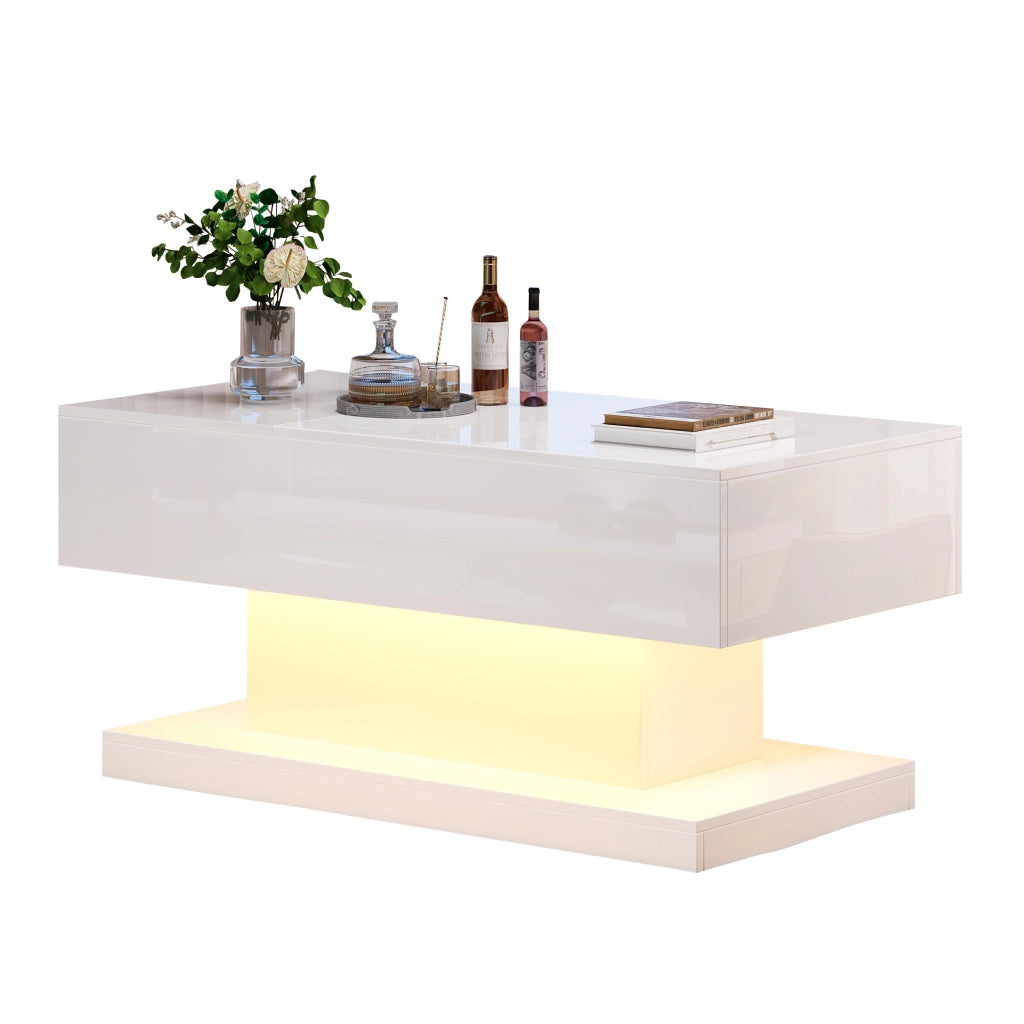 Tavolino da salotto bianco lucido 100x50x45 cm con sollevamento idraulico, funzione scorrevole laterale, LED e vano contenitore