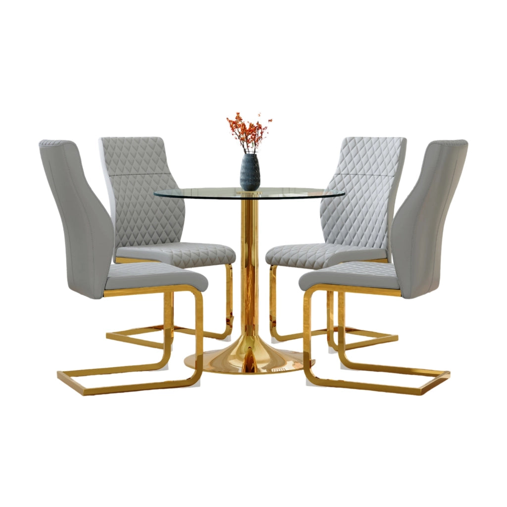 Set tavolo e sedie con 1 tavolo rotondo e 4 sedie; schienale ergonomico; in vetro e metallo oro; PU grigio chiaro
