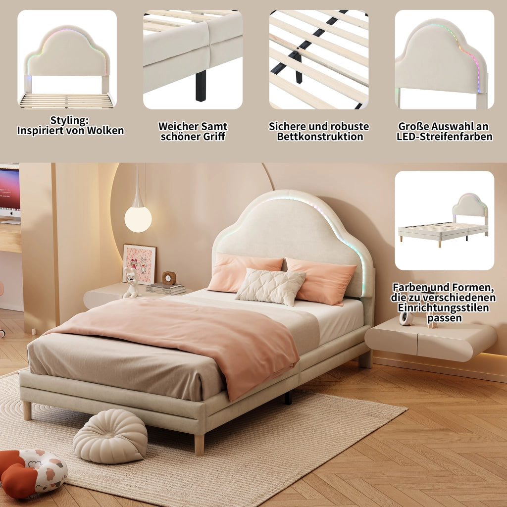 letto imbottito velluto beige 90x200 cm