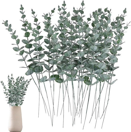 30 pezzi di decorazione di eucalipto essiccato, fiori di eucalipto in seta d'arte, piante, rami di eucalipto, bouquet, slitta, ramo decorativo, per tavola, festa, matrimonio (bianco-verde)