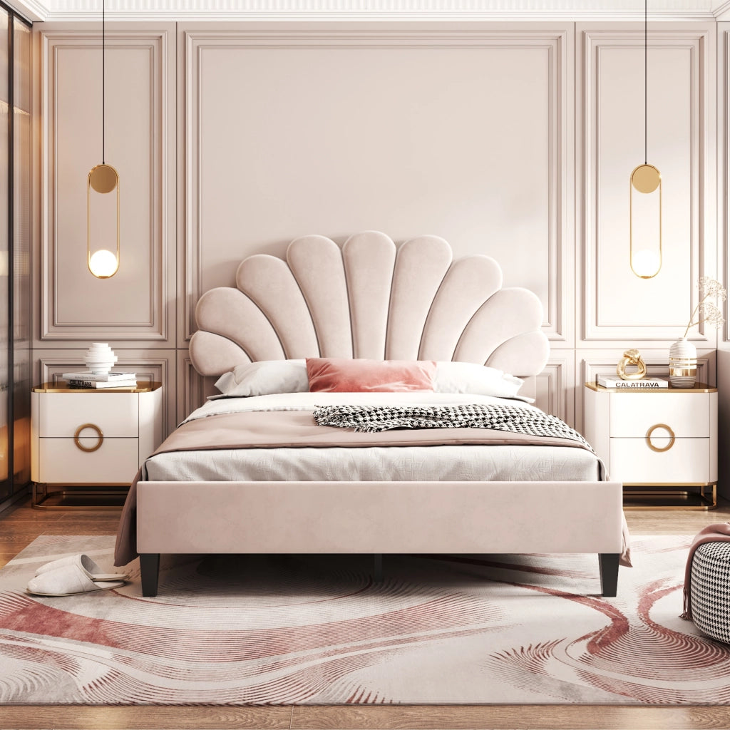 Letto imbottito in velluto con testiera a fiore e doghe; beige; 140x200 cm; senza materasso
