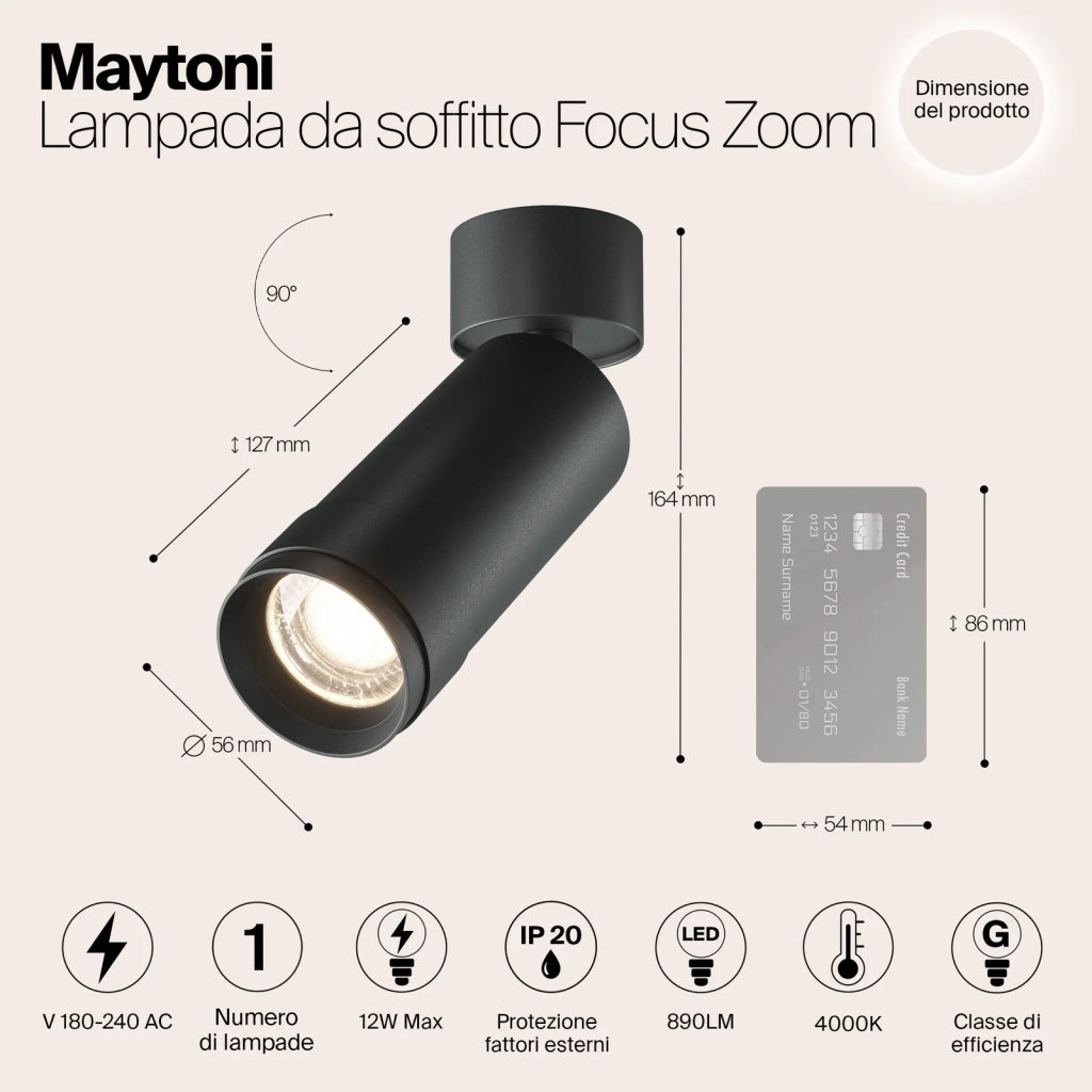 Maytoni Lampada Da Soffitto Moderna Focus Zoom 1 Luce LED Integrato Nero Alluminio