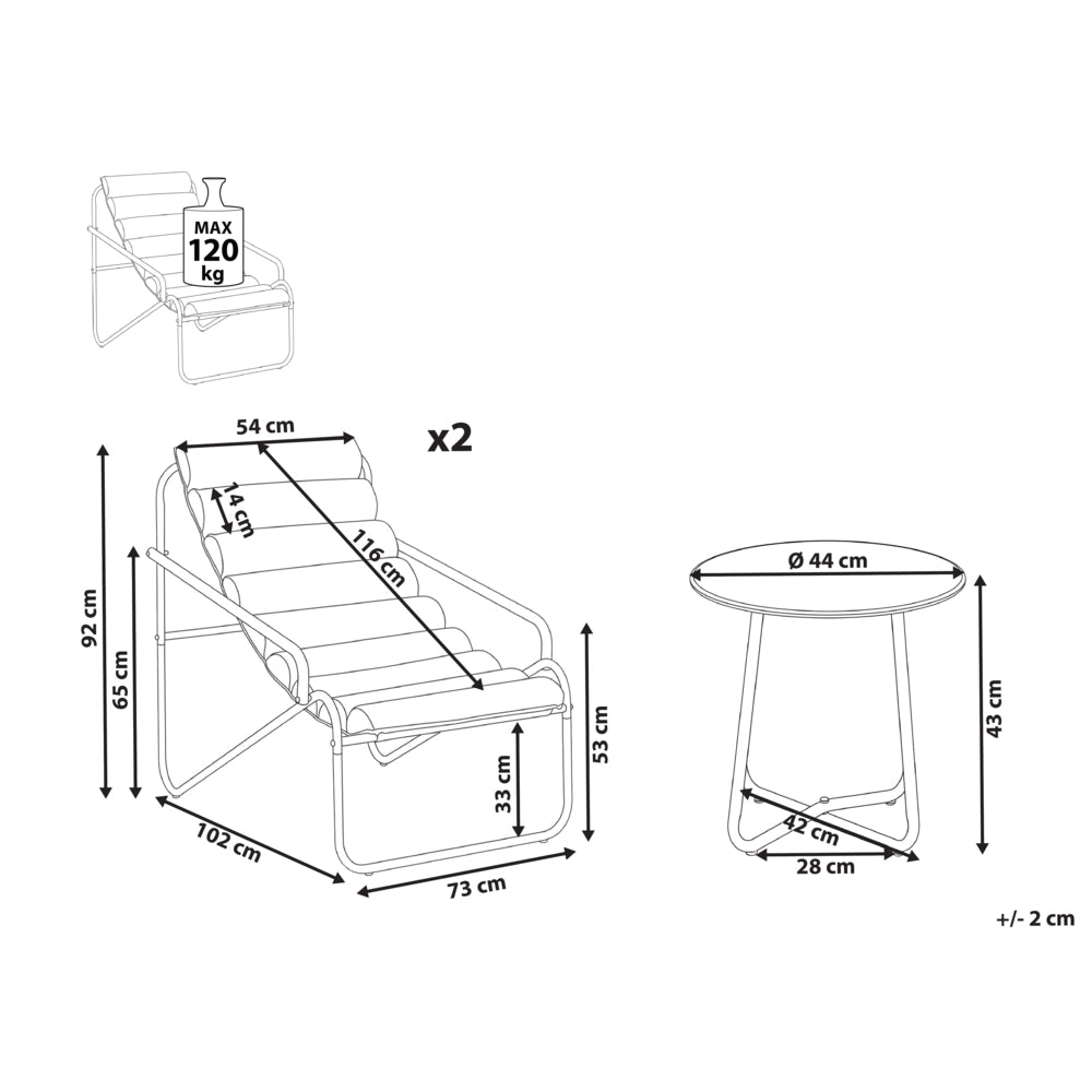 Set da salotto da esterno con struttura in acciaio grigio scuro e sedute in tessuto 2 poltrone e tavolo