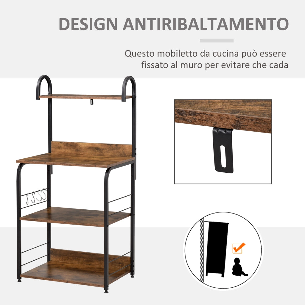 Mobiletto per Microonde, Scaffale da Cucina a 4 Ripiani e 4 Ganci, Mobile Cucina in Acciaio e Legno 60x40x125cm, Marrone Rustico