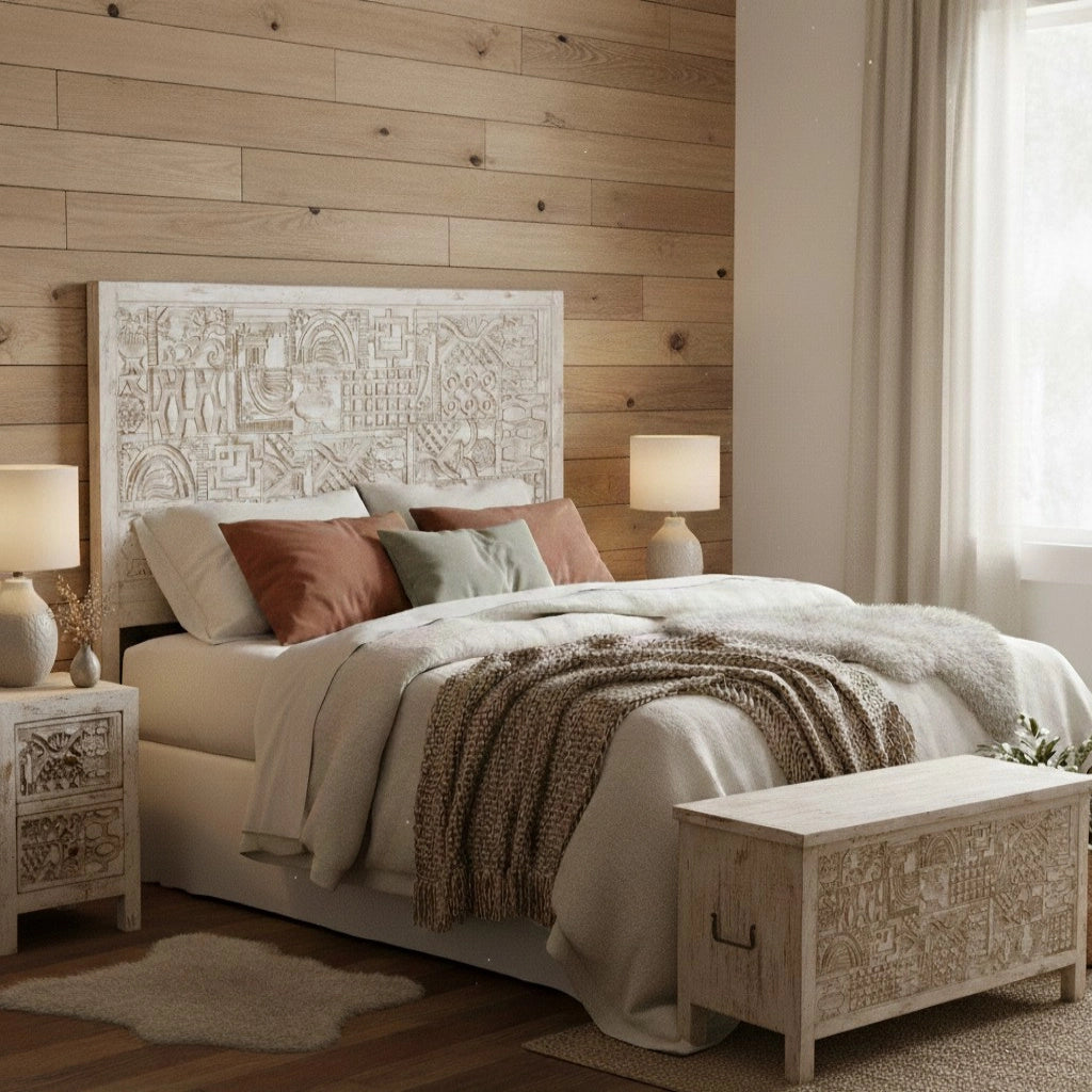 Testiera in legno beige intagliata a mano 160x3x120h cm