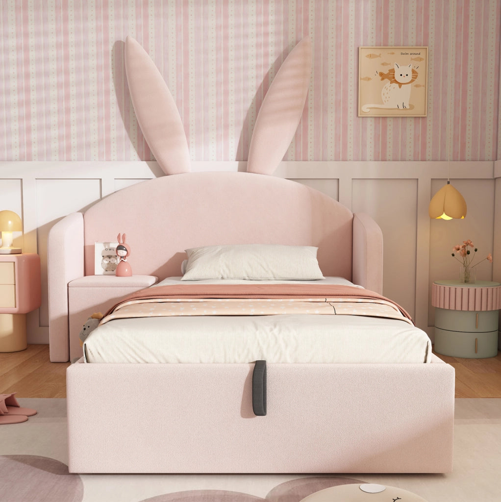 Letto 90x190 cm con contenitore e comodino in velluto rosa