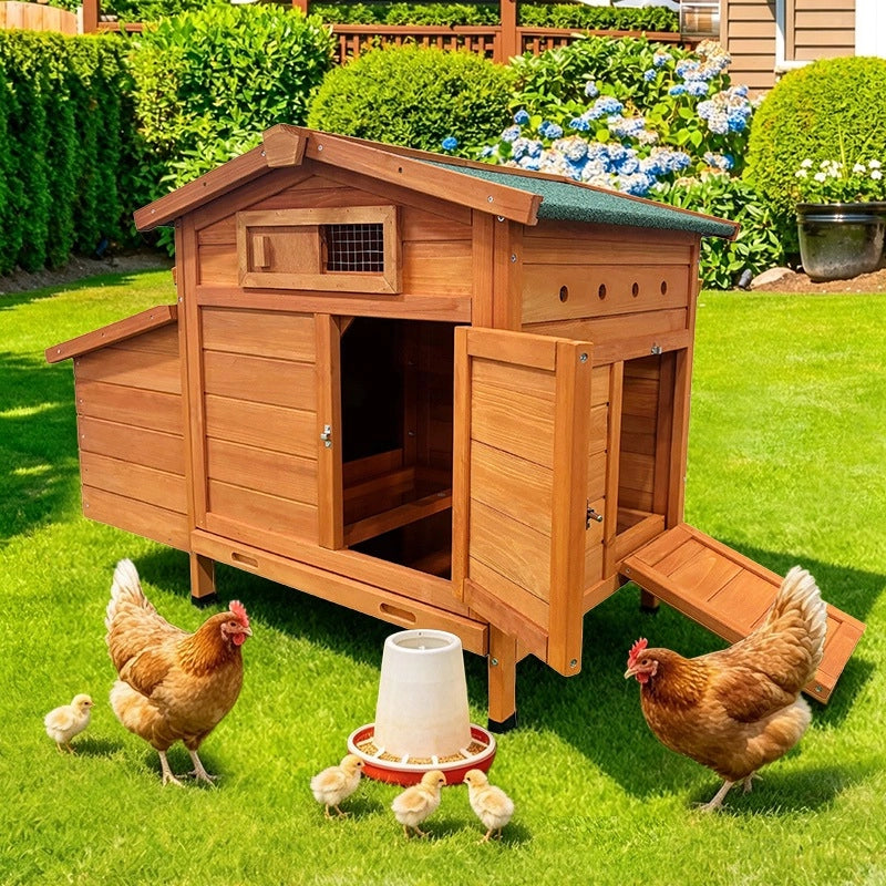 Pollaio da Giardino in Legno Naturale 104×60×71;5 cm; Ricovero Rialzato per Galline con Nido e Pulizia Facile