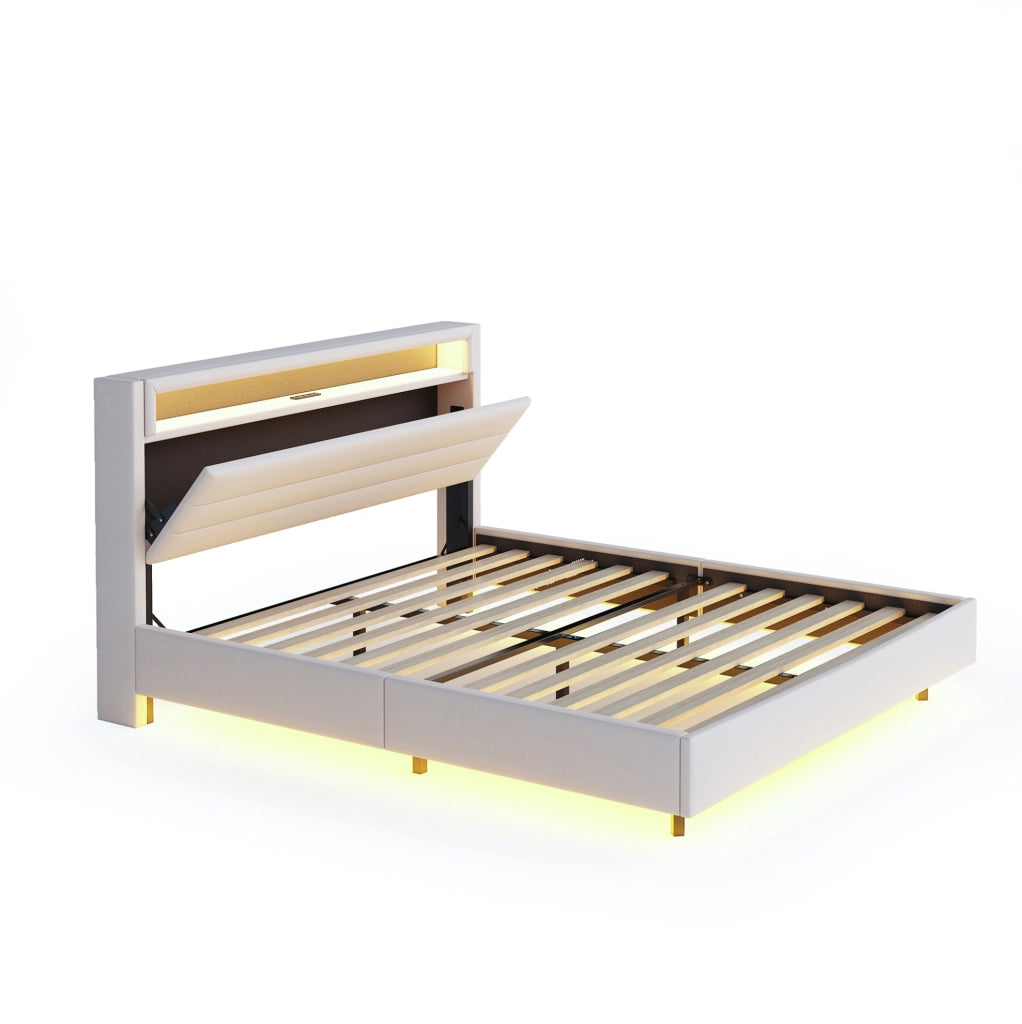 Letto imbottito 160x200 cm con LED, USB e testiera contenitore beige