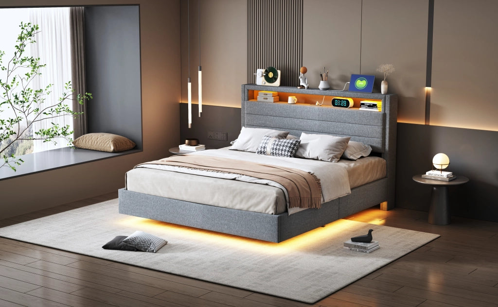 Letto matrimoniale imbottito fluttuante con contenitore idraulico; LED e porta USB; testiera girevole; lino grigio; 140x200 cm; senza materasso