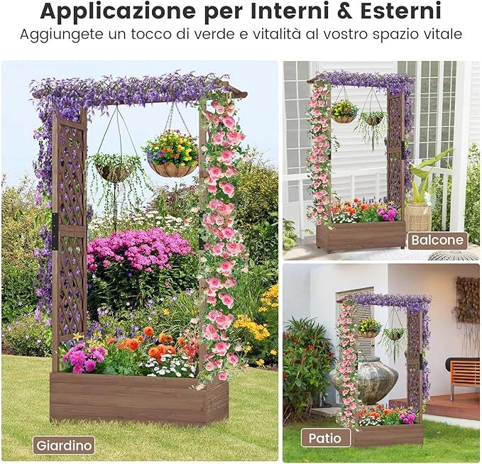 Aiuola Rialzata con Traliccio, Pergolato e Fori di Drenaggio, Fioriera Elevata da Esterno in Legno per Piante Rampicanti, Vite e Fiore,110 x 44 x 182 cm (Marrone)