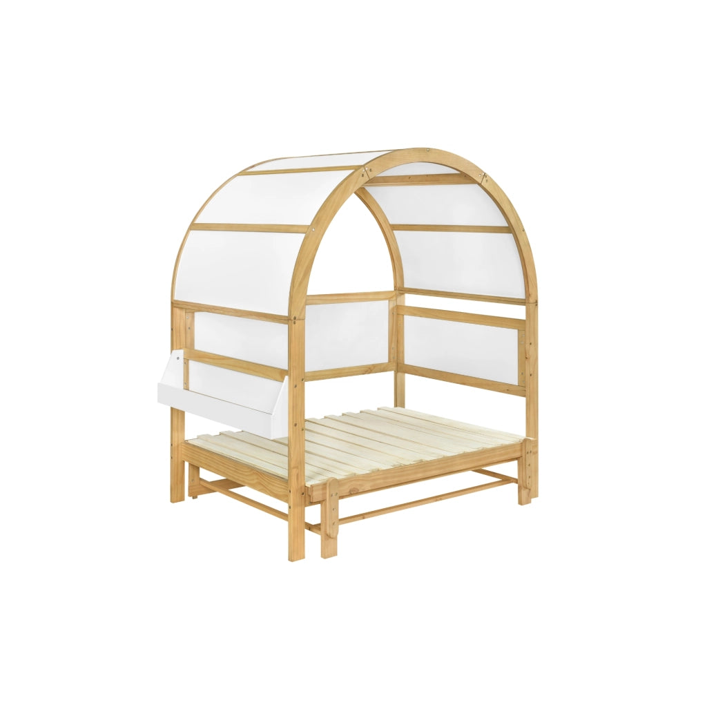 Letto Casetta 140x200 cm; Letto Singolo - Estraibile e Mensola Laterale - in Legno - Bianco e Naturale