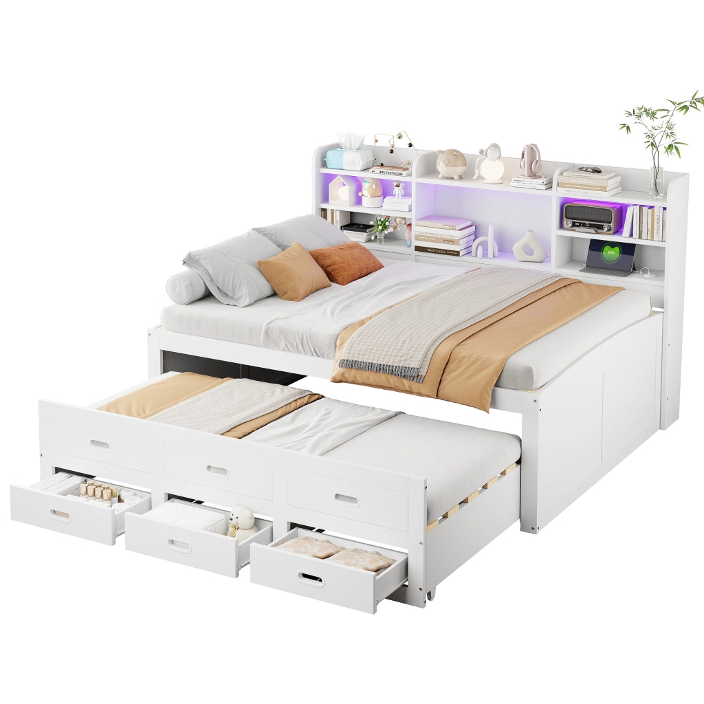 Letto multifunzionale estraibile 140x200 cm con LED, USB+Type-C, 3 cassetti e bianco