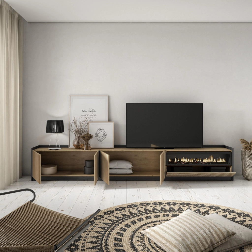 Mobile TV Soggiorno, 310x50x37 cm, Per TV fino a 80", Camino elettrico, Rovere e nero