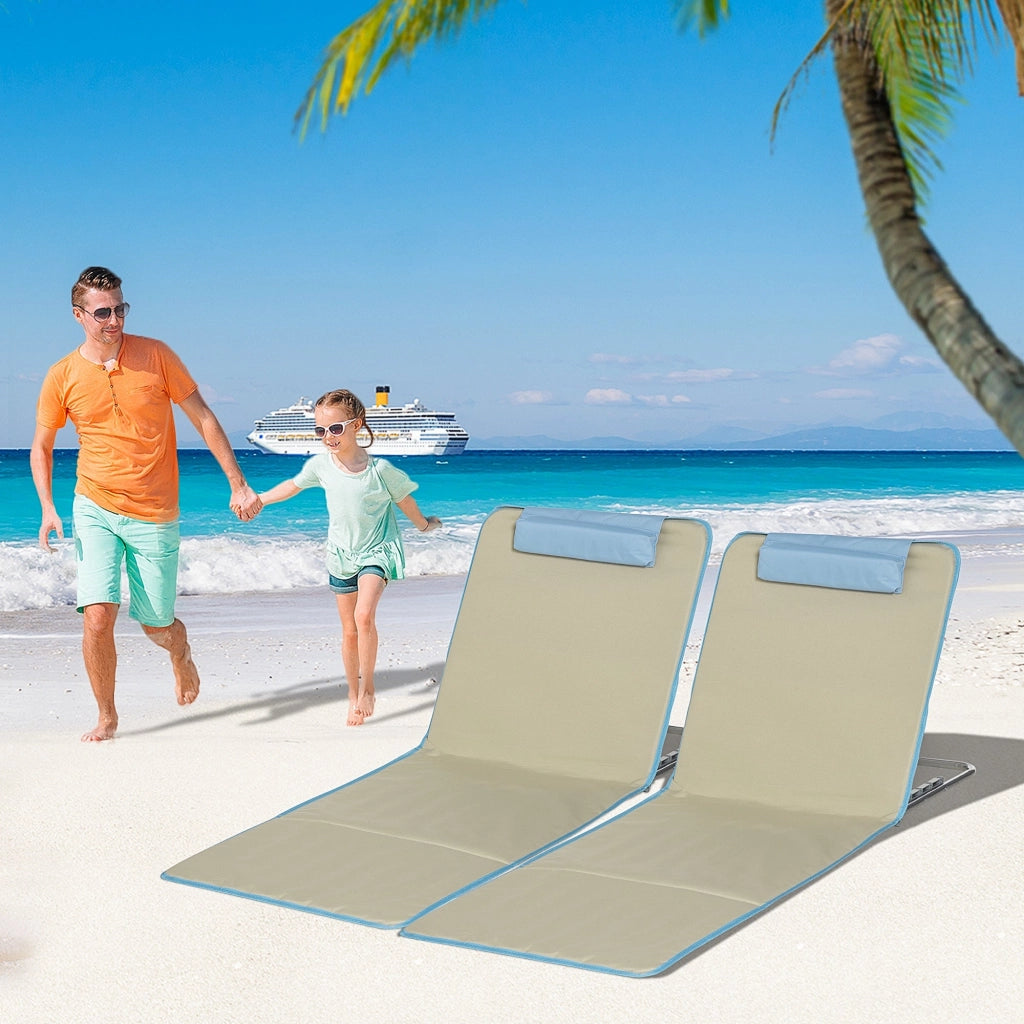 Set 2 Sdraio da Spiaggia 53x124x35-45 cm con Schienale Regolabile e Poggiatesta Beige e Azzurro