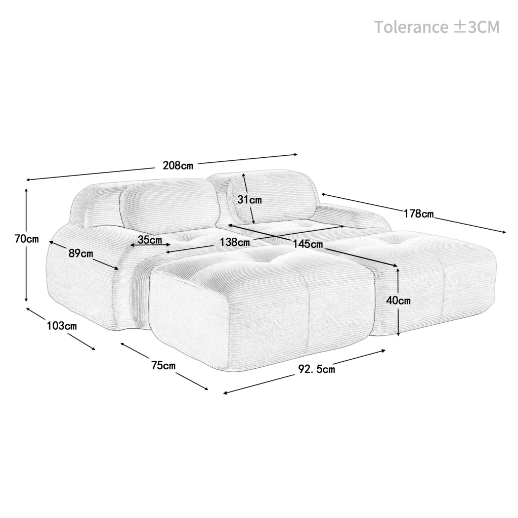 Divano angolare modulare a 2 posti - con braccioli ergonomici e base antiscivolo - in corduroy verde