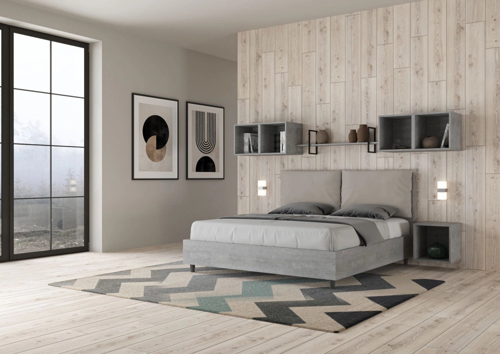 BS COM Letto matrimoniale contenitore doppia alzata 160x200 Cemento cuscini similpelle tortora