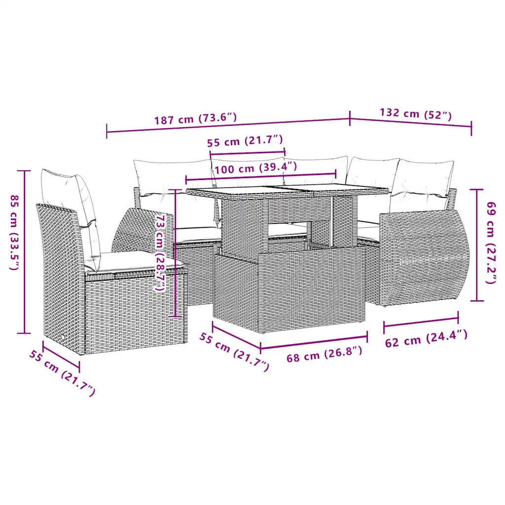 Set Divano da Giardino 6 pz con Cuscini Nero in Polyrattan 3268535