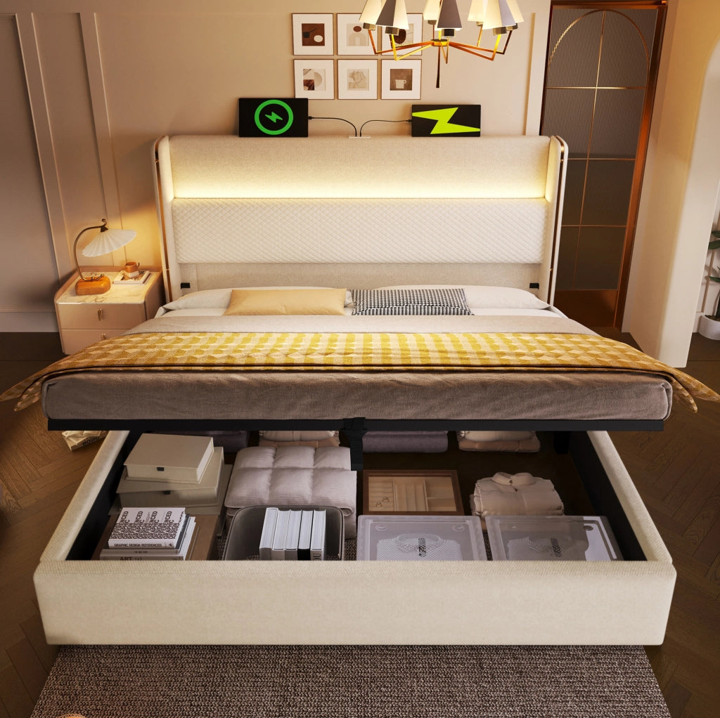 Letto matrimoniale idraulico con testiera alta, LED e porte USB/Type-C