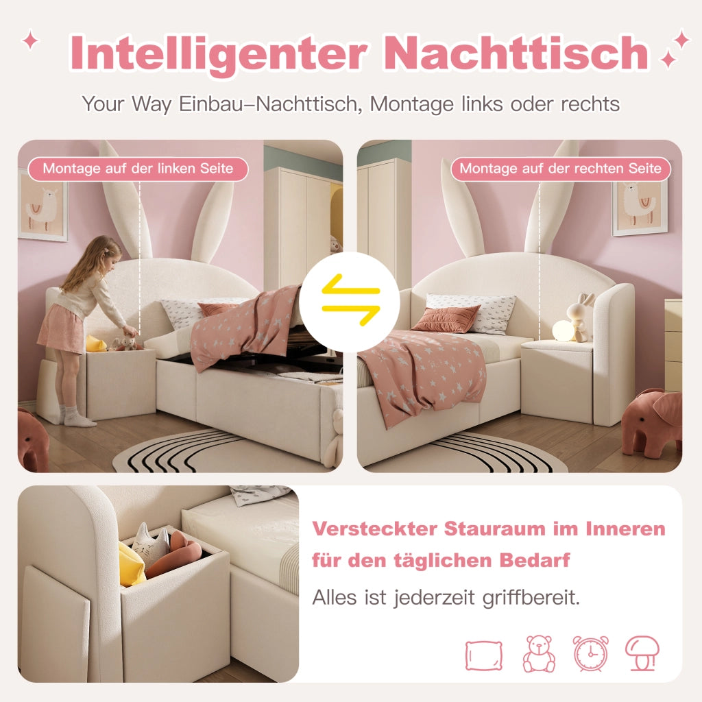 LETTO imbottito 90x200 cm in velluto beige con comodino laterale