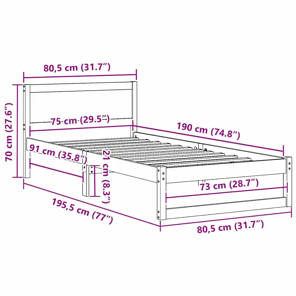 Struttura del letto Bianco 75 x 190 cm Pino massello 873299