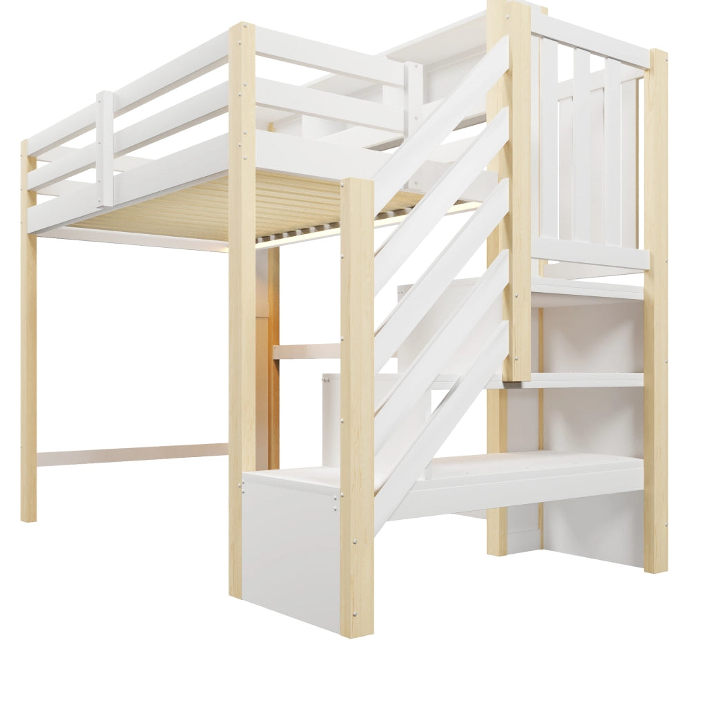 Letto a castello 90×200 cm; letto singolo con led; scala contenitore; senza materasso; in pino; bianco naturale