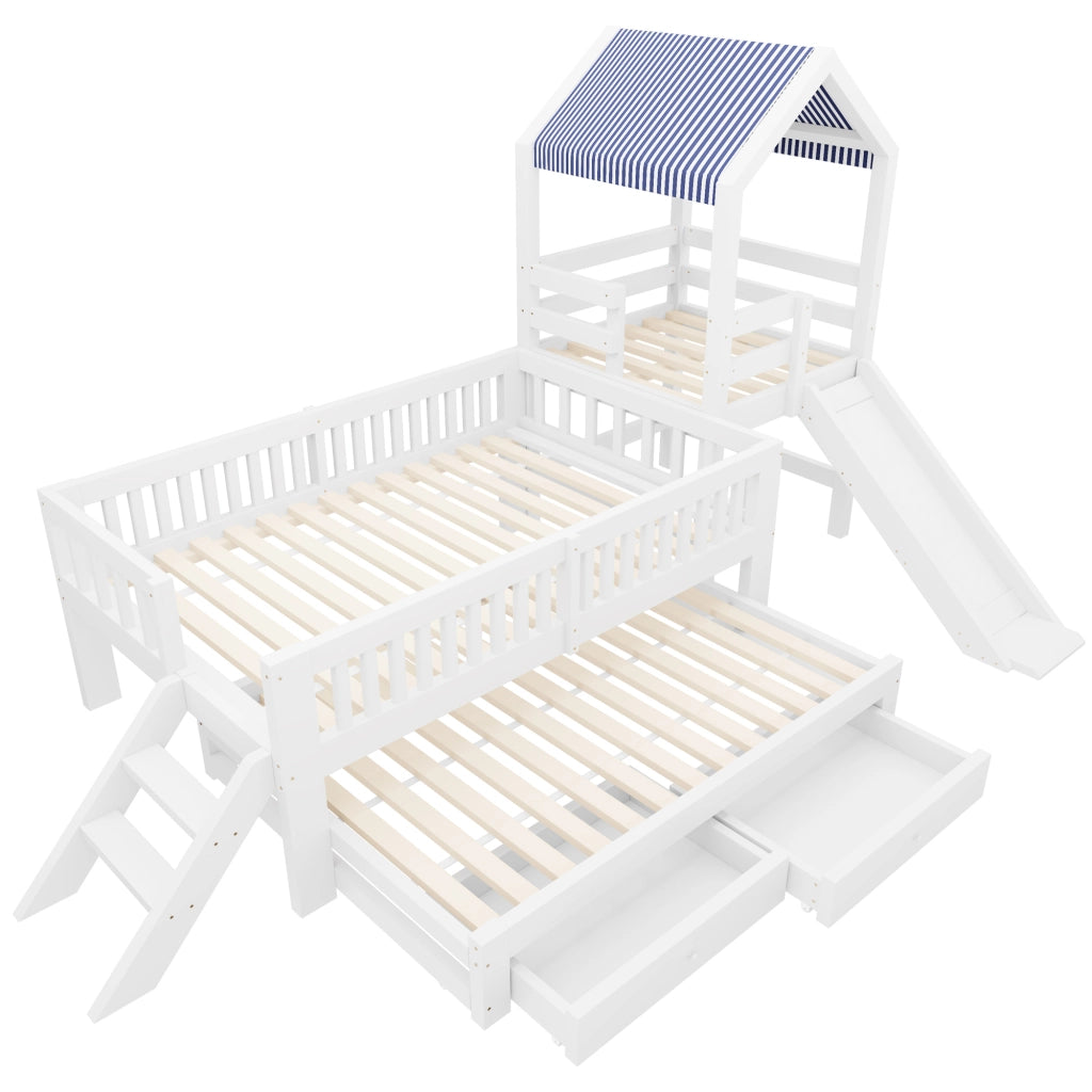 Letto bambino 90×200 cm e 90×190 cm con scivolo; scala; cassetti e letto estraibile; senza materasso; bianco
