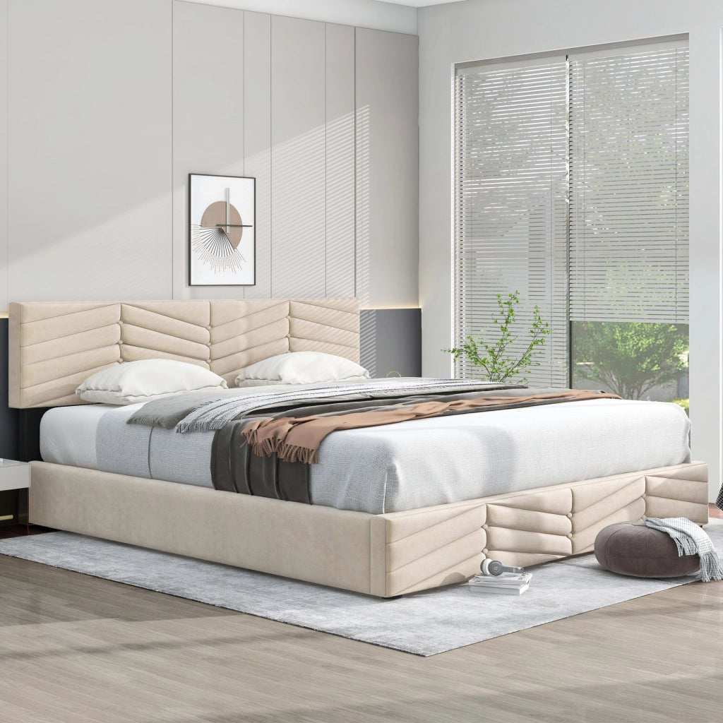 DESMIU Letto Contenitore Letto Matrimoniale con Testiera Regolabile, Vano Idraulico, 160 × 200 cm, senza materasso, Beige