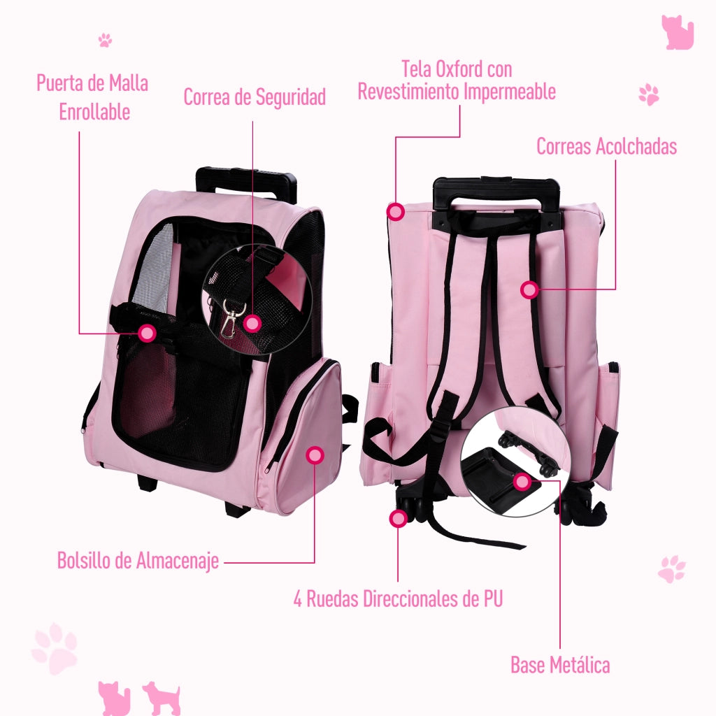 Zaino Trolley 2 in 1 per Animali Domestici ¨C Xylo ¨C Rosa, 42x25x55 cm, con Ruote e Manico Telescopico