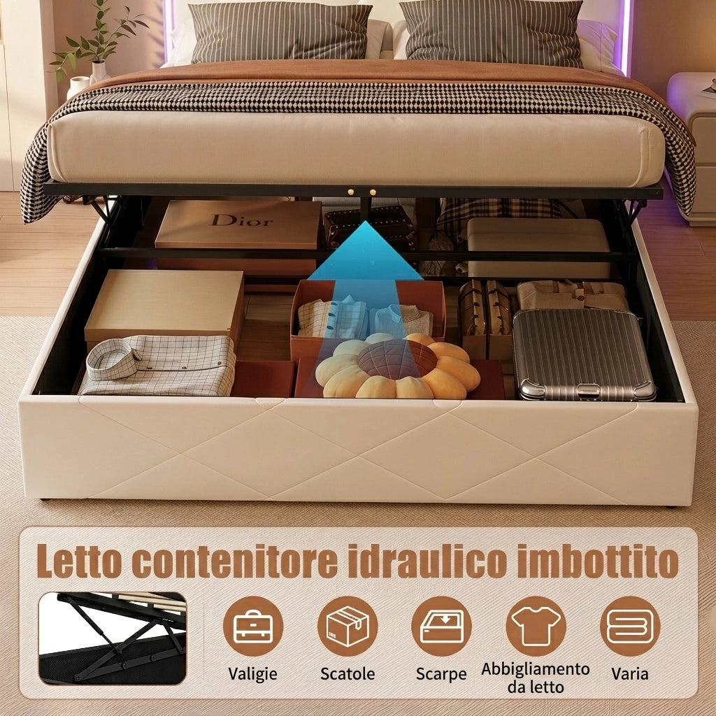 Letto matrimoniale 140x200 cm con contenitore LED USB Type-C testiera rete a doghe struttura letto metallo legno PU -bianco