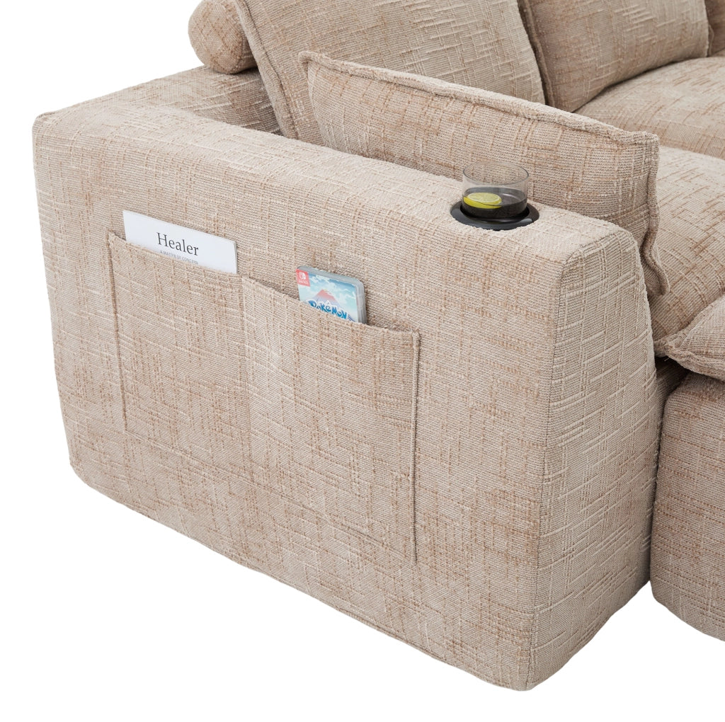 Divano modulare 3 posti con pouf; cuscini e tasche laterali; in ciniglia kaki; 256x161x75 cm