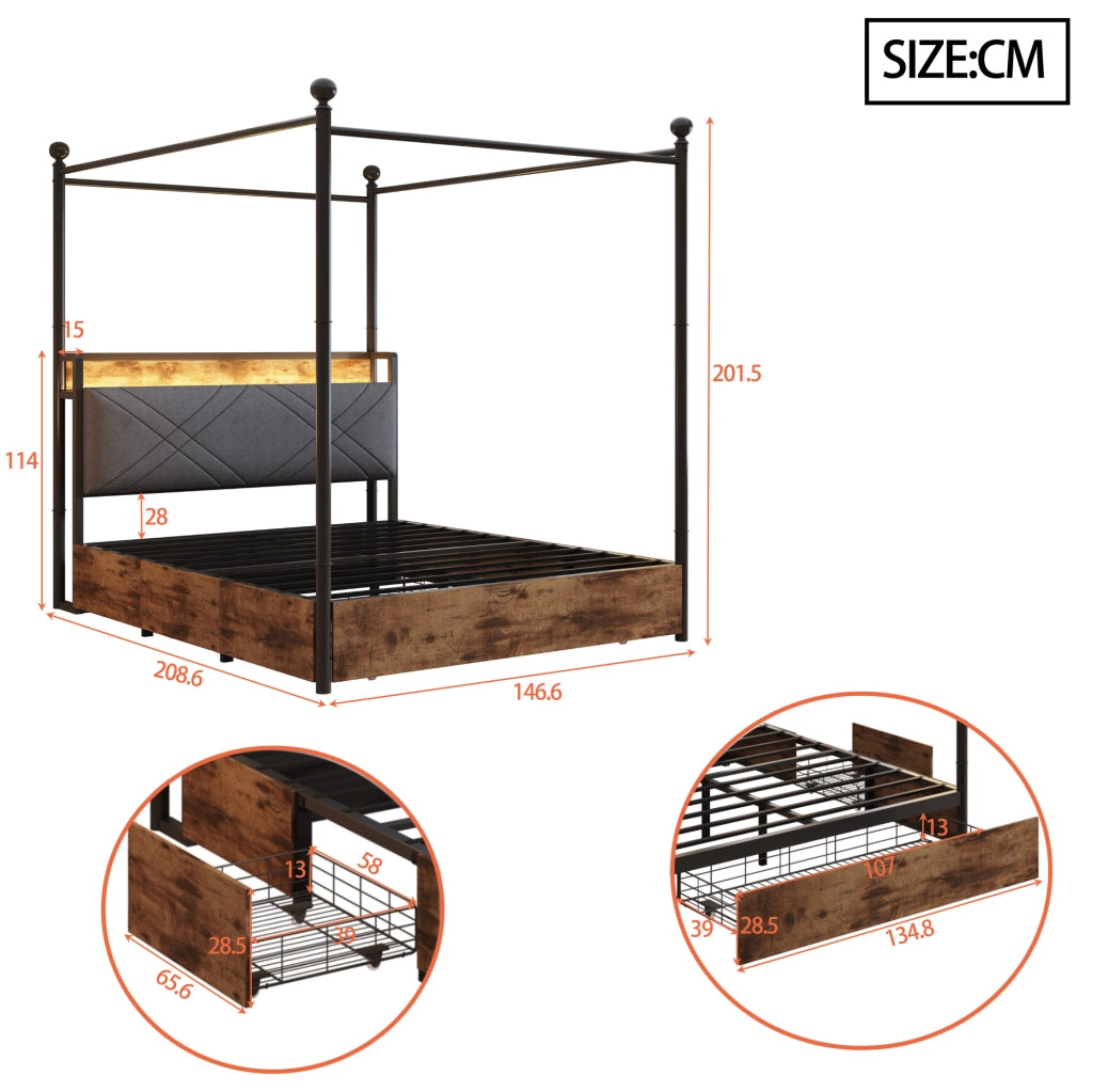 Letto a baldacchino 140x190 cm con LED; prese USB/Type-C e contenitore in metallo e legno nero