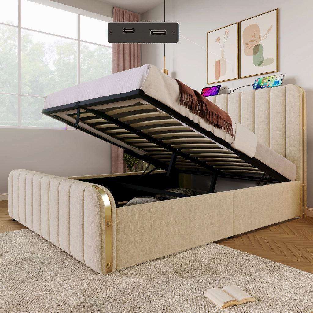 letto imbottito lino beige 160 x 200 cm