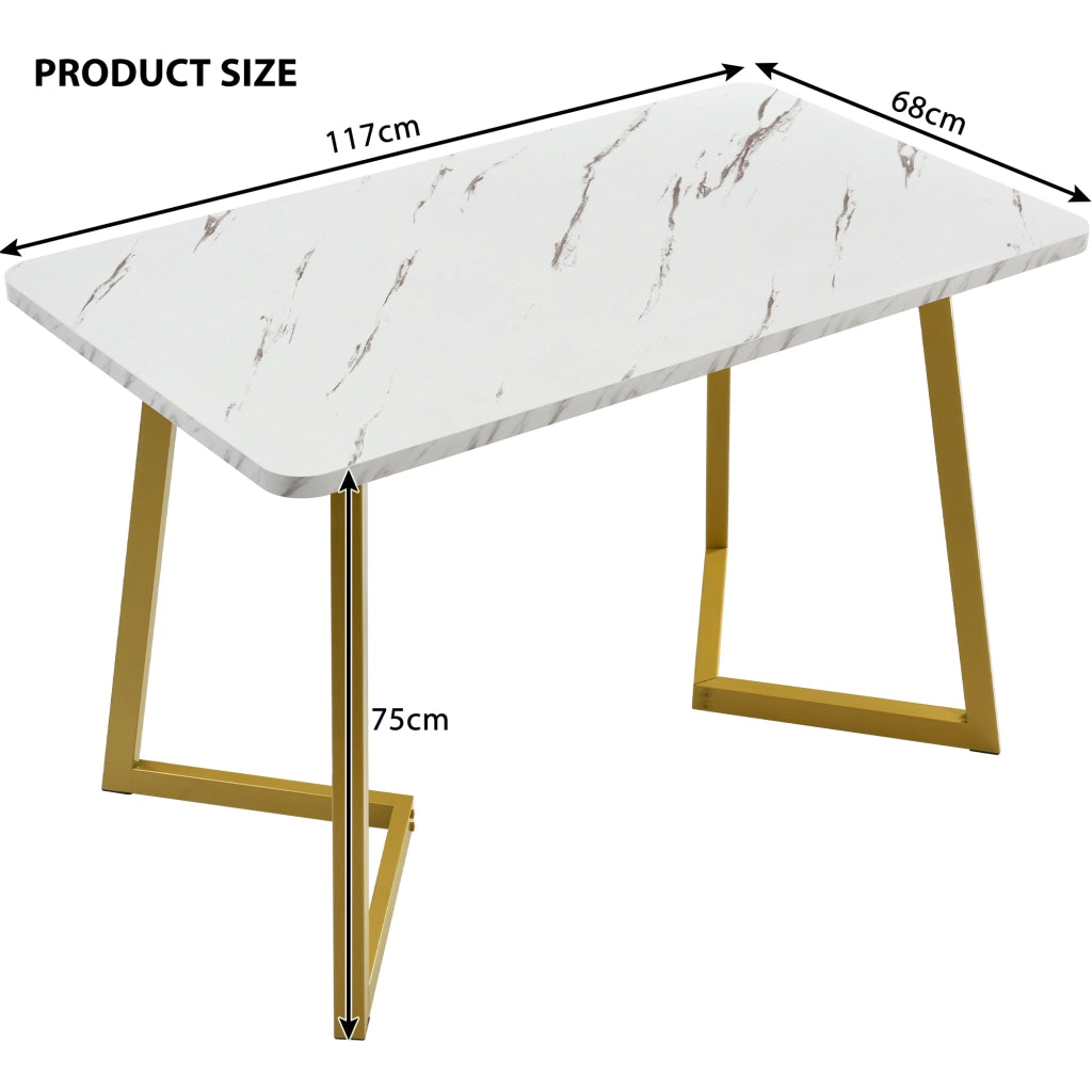 Tavolo da pranzo rettangolare 117x68 cm in MDF effetto marmo bianco con gambe in metallo dorato