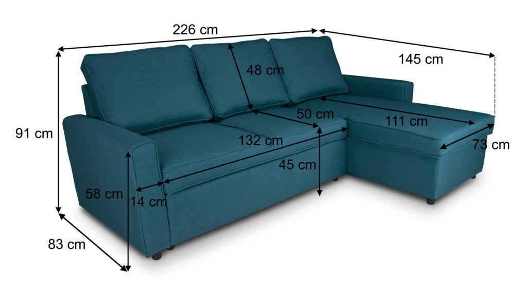 Divano letto angolare con contenitore, divano con chaise longue blu petrolio - Kennedy - DL-KE27CL
