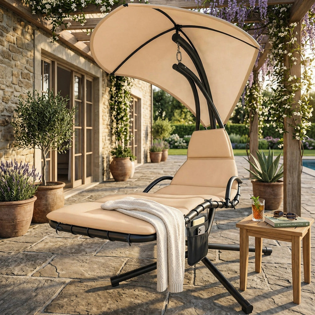 Sdraio A Sospensione Con Ombrellone Beige E Cuscino Ergonomico Amaca Da Giardino In Poliestere Resistente Per Arredamento Esterno Terrazzo Bordo Piscina Formato 195x132x197 Cm