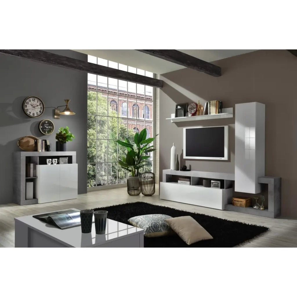 Set di mobili per soggiorno con contenitori, collezione BURA, lunghezza 219 cm, bianco lucido/grigio cemento