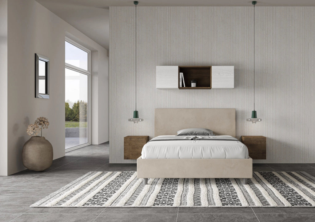 BS COM Letto una piazza e mezza con rete imbottito 130x200 microfibra sabbia