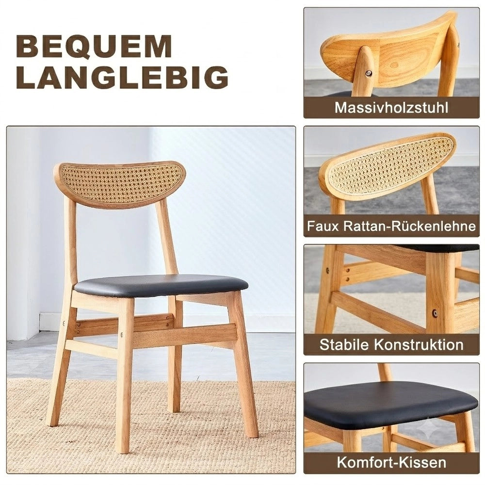 Set 2 Sedie da Pranzo con Schienale in Rattan e Seduta Imbottita ¨C MINIMAL ¨C Legno Massello, Stile Scandinavo