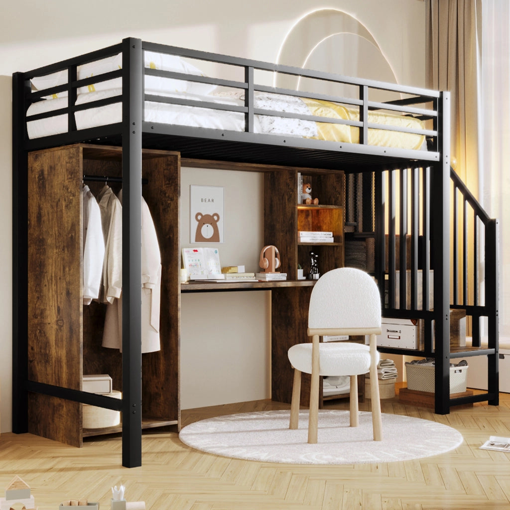 Letto a soppalco 90 × 200 cm 1 posto con armadio; scrivania e vani contenitore; senza materasso; in metallo e MDF; nero