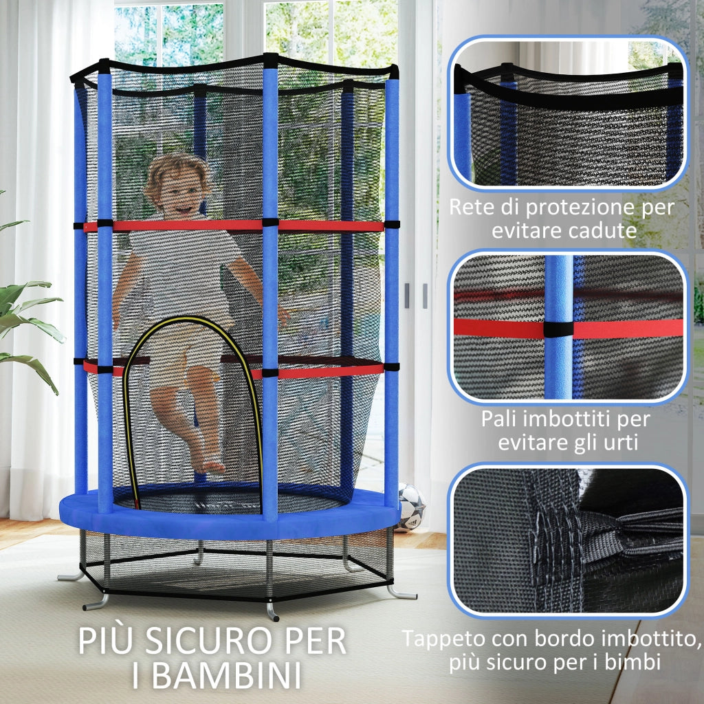 Tappeto Elastico per Bambini 3-6 Anni con Rete di Protezione, 6 Colonne e 3 Ingressi, ?140x190 cm, Blu e Nero