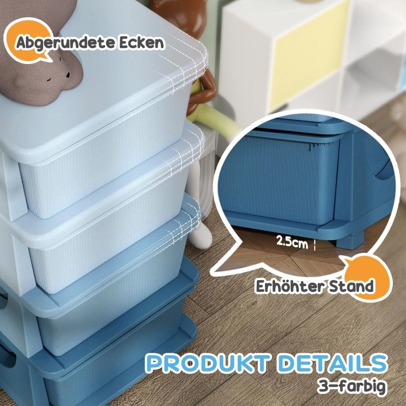 Scatole portaoggetti per bambini, 4 cassetti, bordi arrotondati, design in rilievo, in plastica, blu
