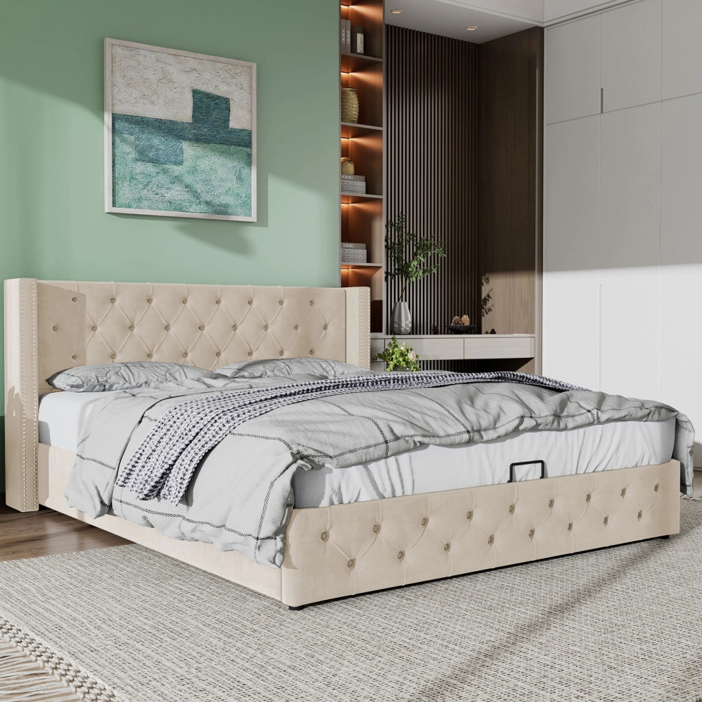 Letto imbottito matrimoniale 140x190 cm in velluto beige con contenitore e rete a doghe