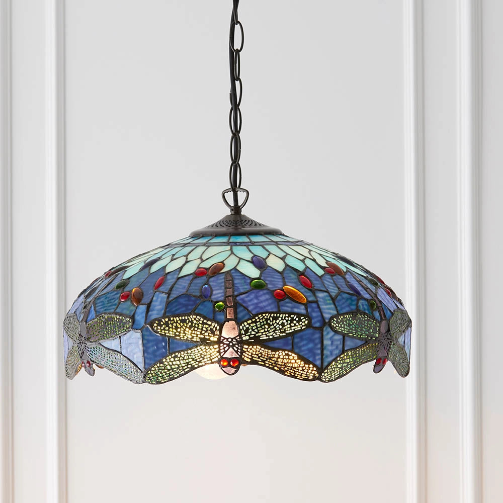 Lampada a sospensione Tiffany in vetro Blu Libellula 3xE27