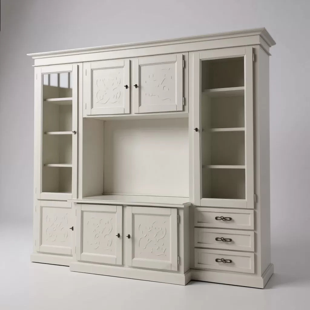 Parete attrezzata porta tv shabby legno bianco anticato con rilievo 250x53x225 - Mobili 2G
