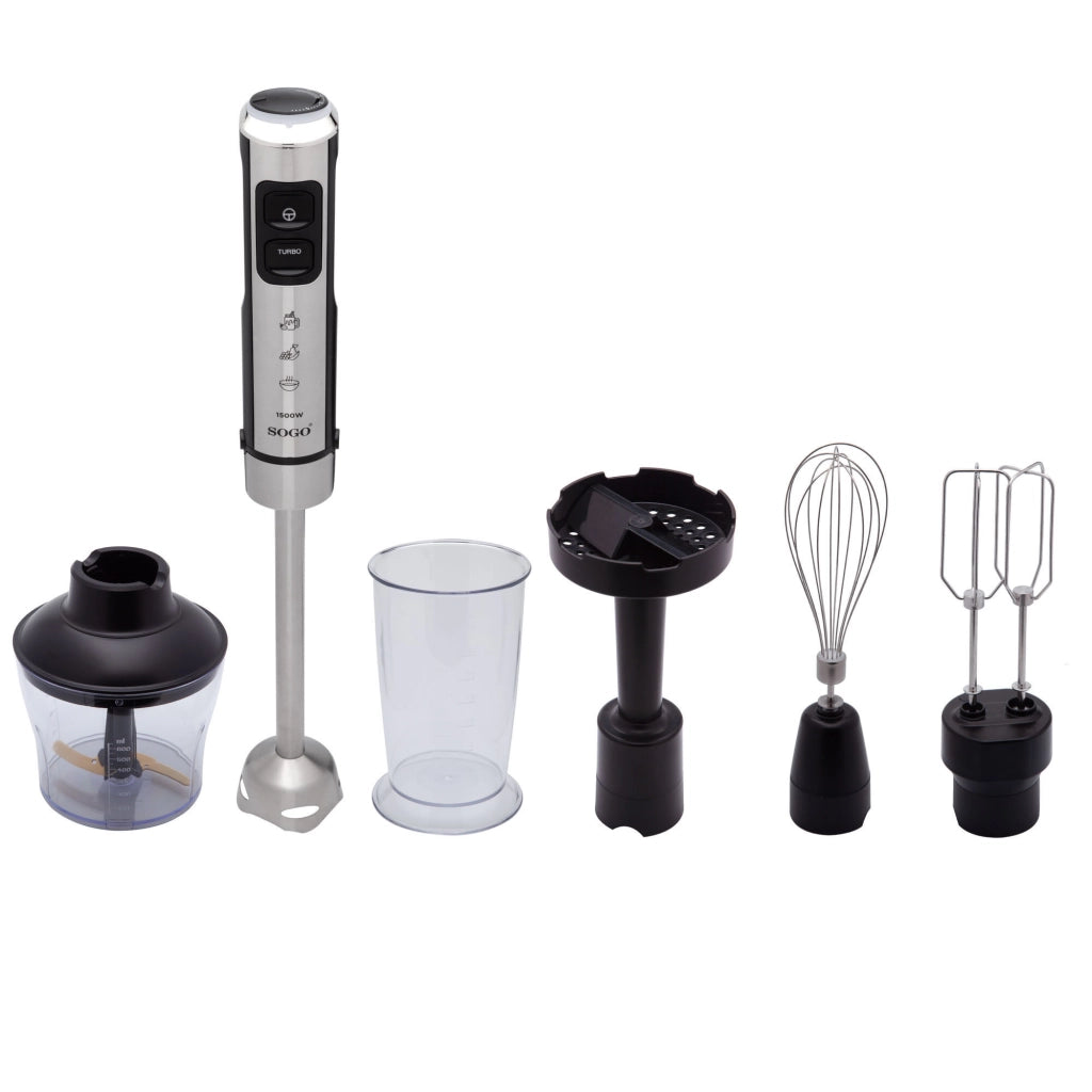 Frullatore a immersione 1500W con tritatutto 650ml, 23 velocità e lame titanio con accessori completi - Sogo