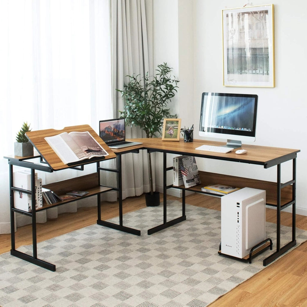 Scrivania Angolare 170 CM, Scrivania per Computer ad Angolo Moderna con Piano Inclinabile, Scaffale Inferiore e Supporto per CPU, Scrivania a Forma di L per Ufficio e Studio (Noce)