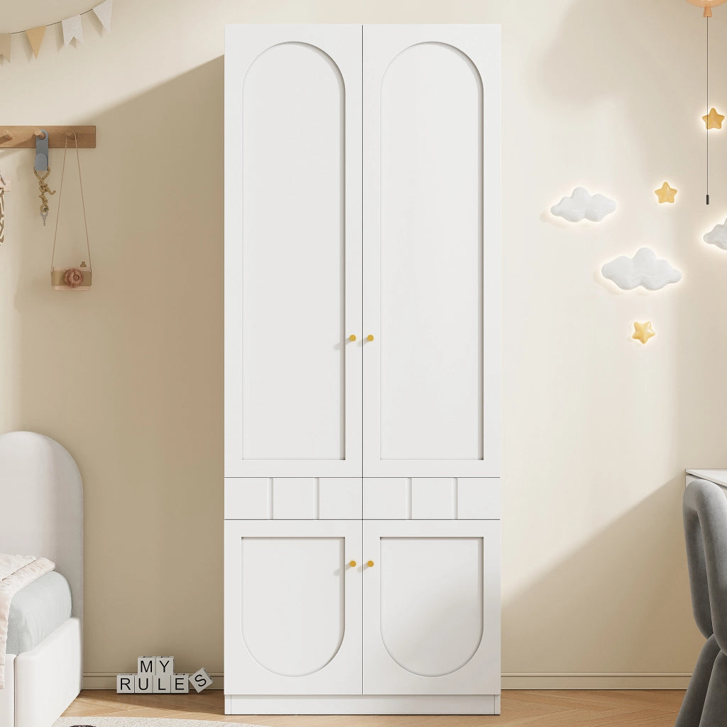 Armadio per bambini, 2 cassetti, ripiani, maniglie in metallo, 80??50??200 cm, bianco